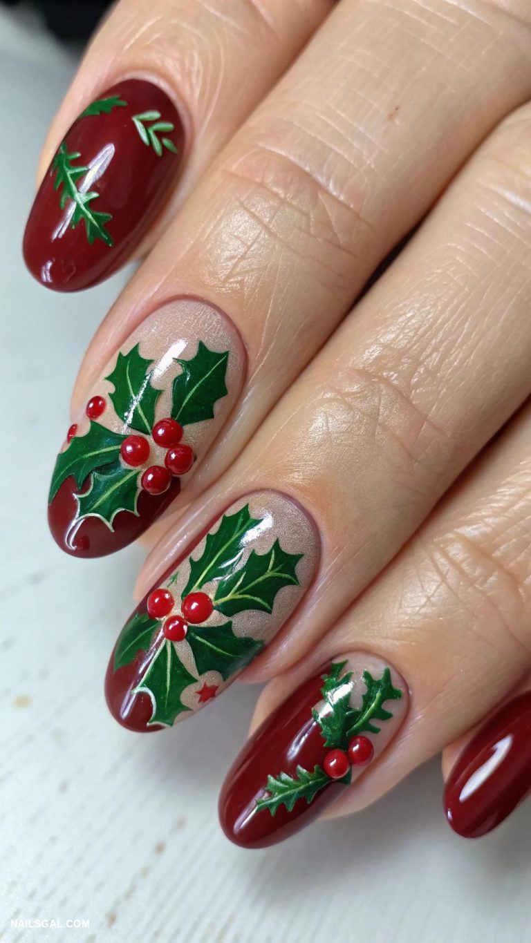 simple holiday nails Festive holly leaves design