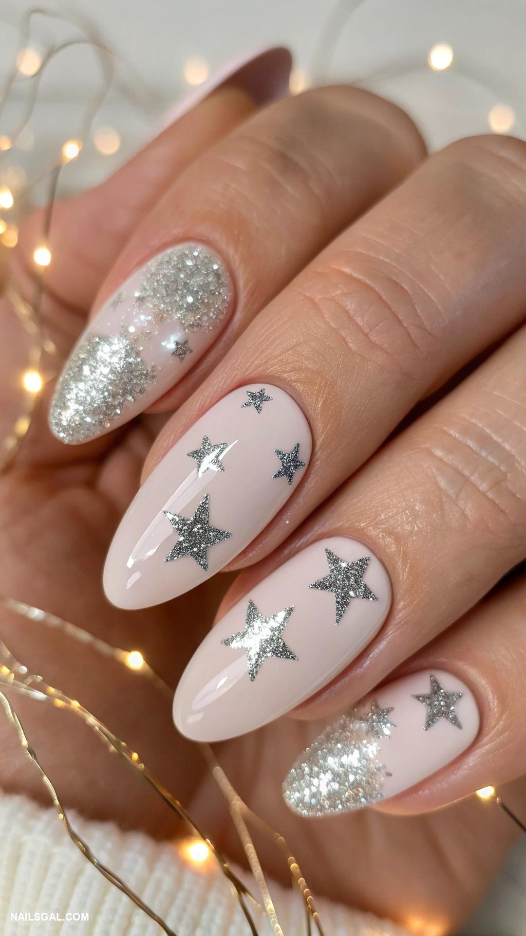 simple holiday nails Glittery silver stars