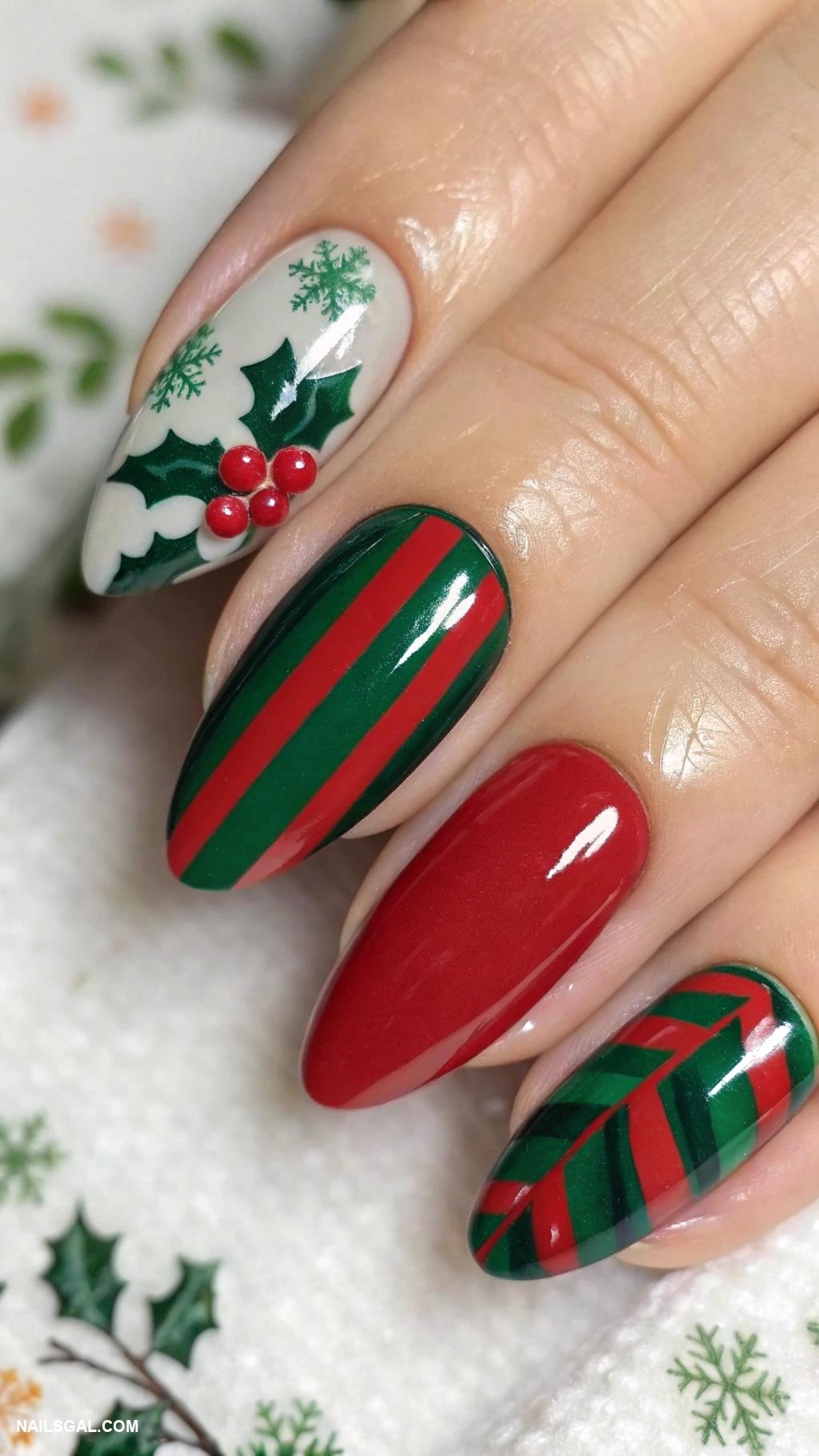 simple holiday nails Red and green stripes