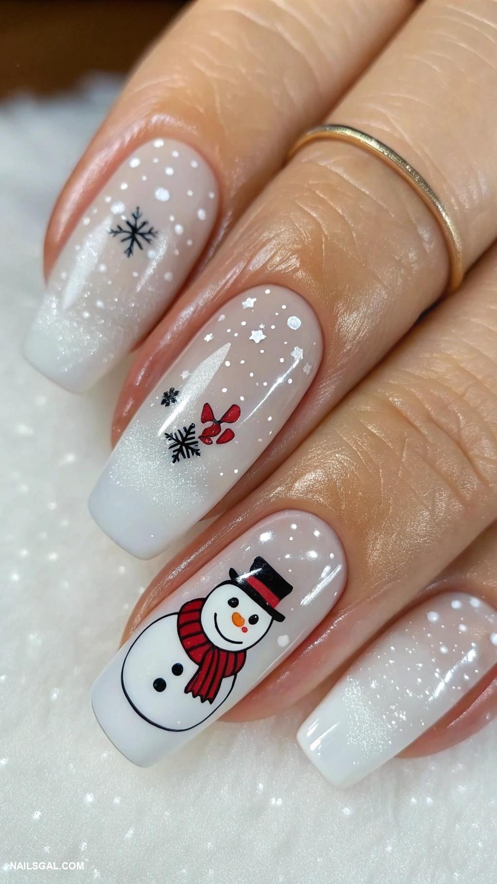 simple holiday nails Snowman accents on white