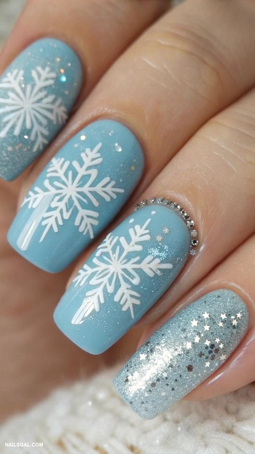 simple holiday nails Winter wonderland blue base
