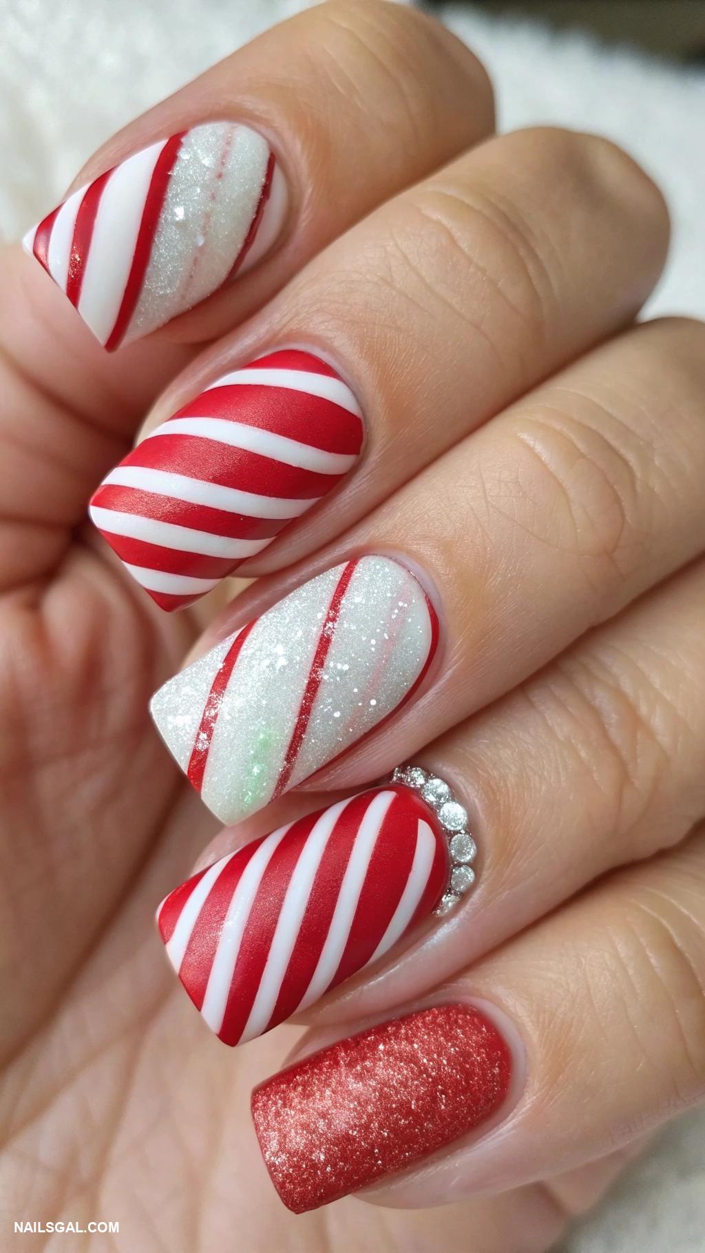 square christmas nails Candy cane stripes with matte finish