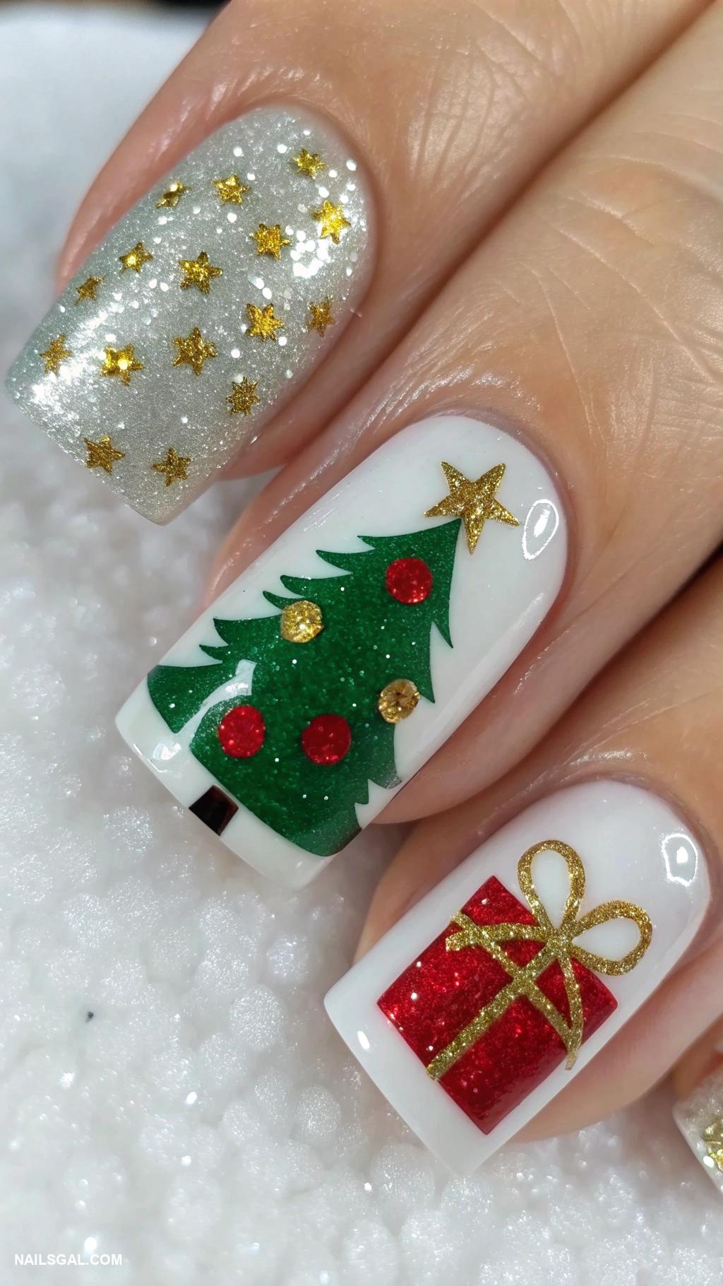 square christmas nails Christmas tree and gift on accent nail