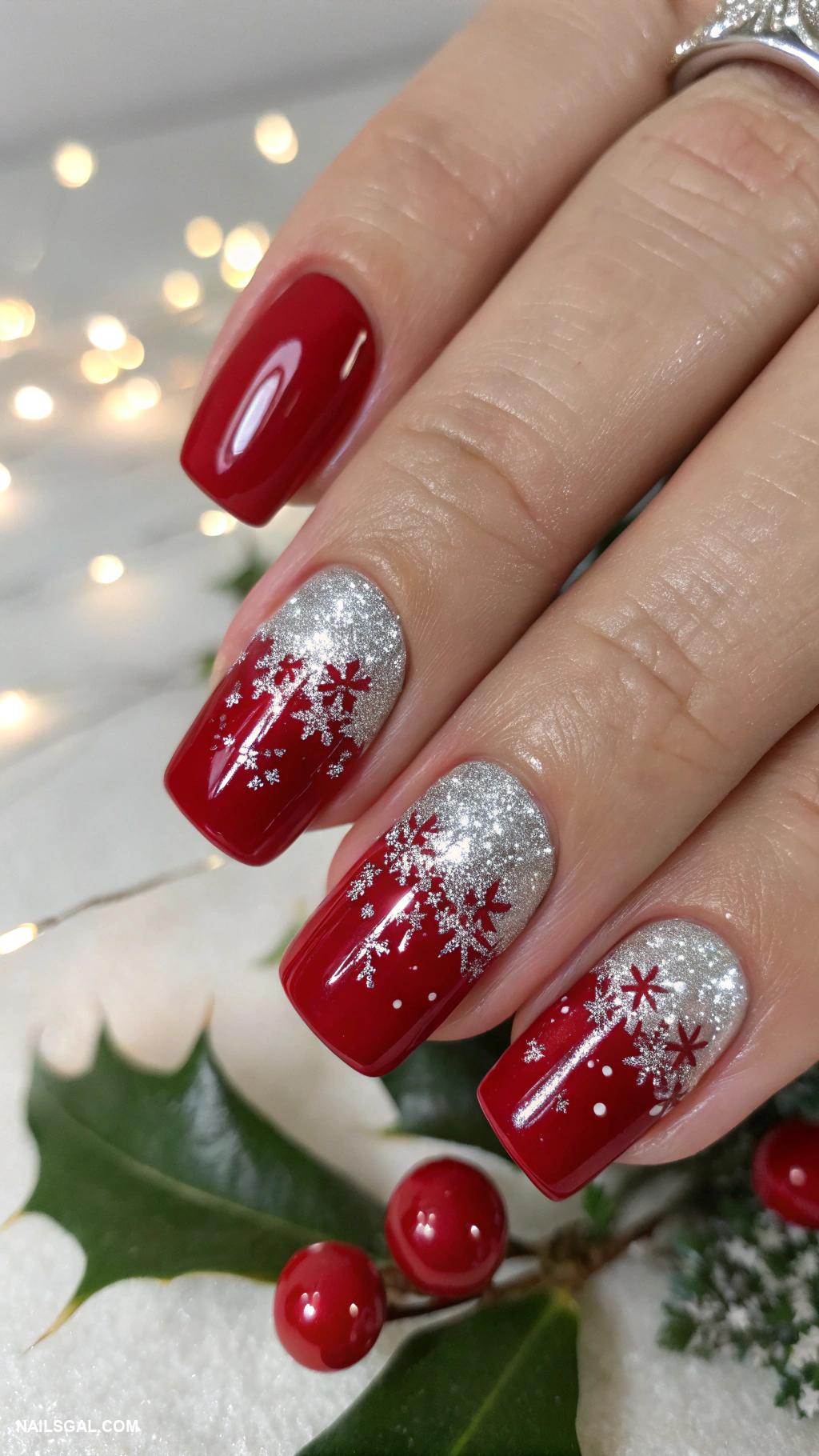 square christmas nails Classic red with silver sparkles