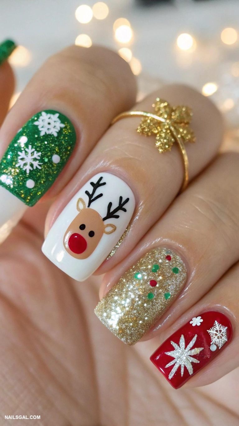 square christmas nails Cute reindeer with red nose