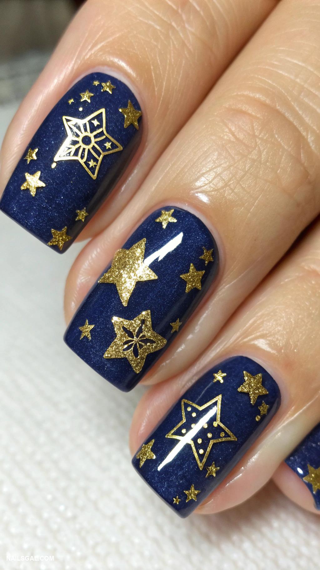 square christmas nails Elegant gold stars on deep blue