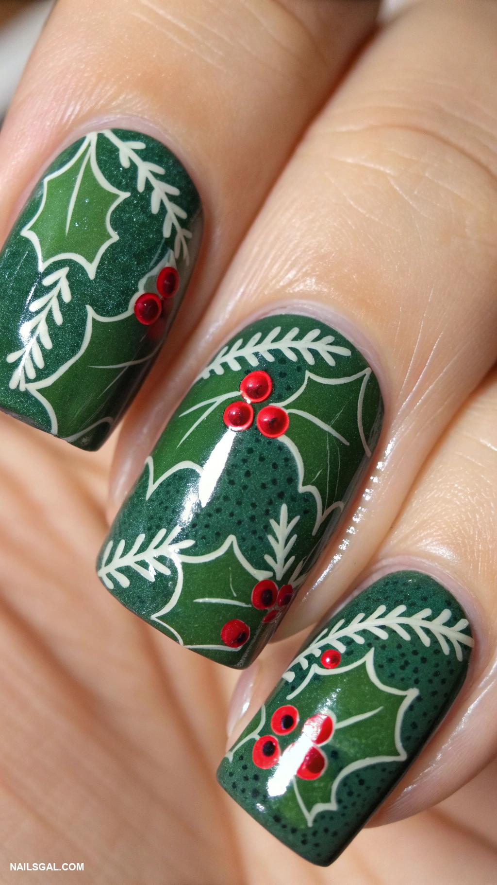 square christmas nails Holly leaves with berry dots