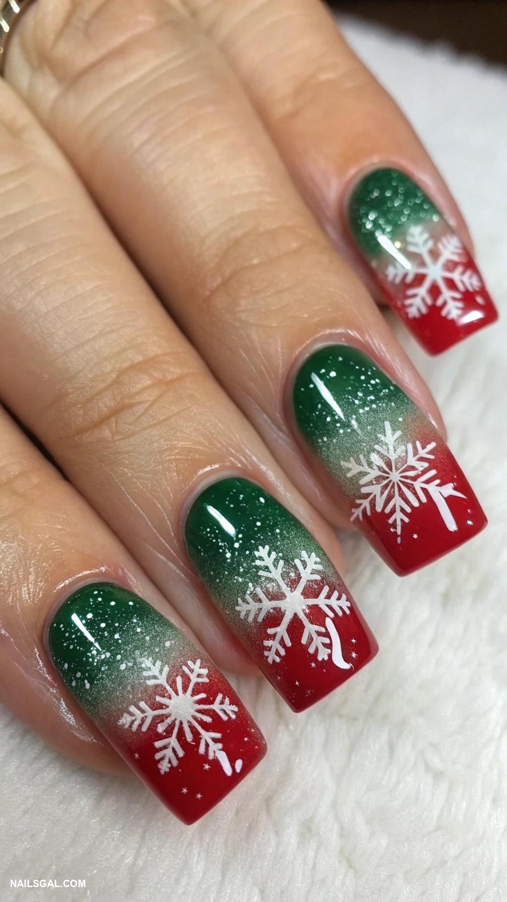 square christmas nails Red and green ombre with snowflakes