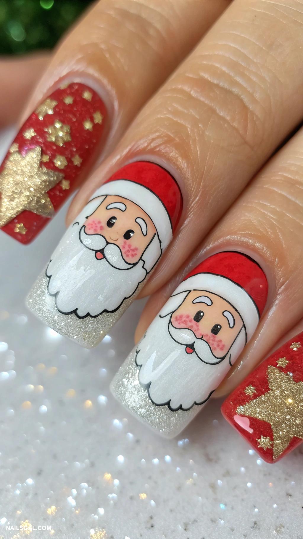 square christmas nails Santa face with glittery background