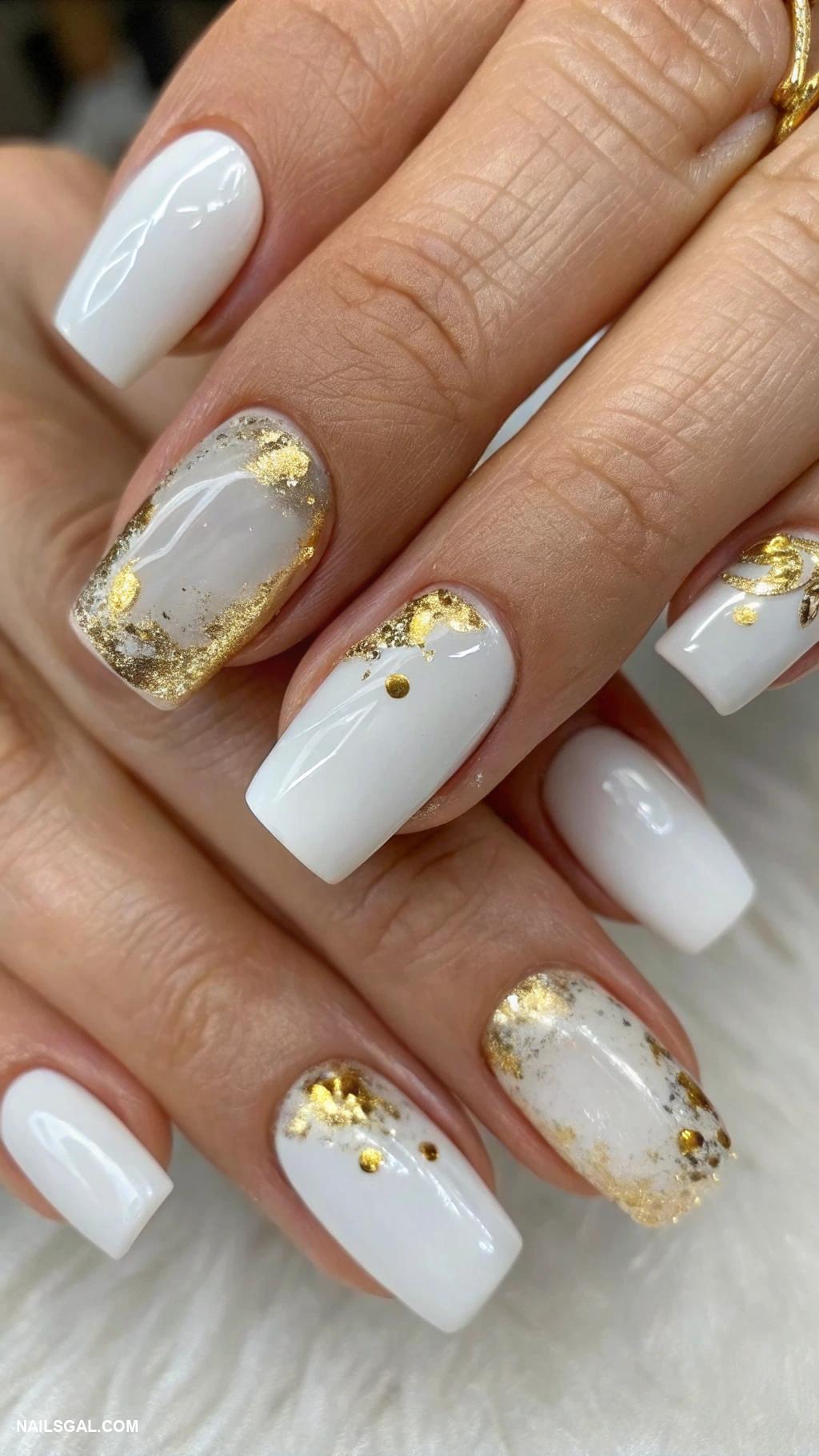 square christmas nails White tips with gold foil accents