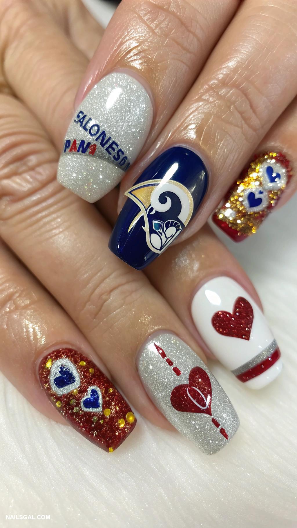 super bowl nails Cheerleader pom poms on accent nails