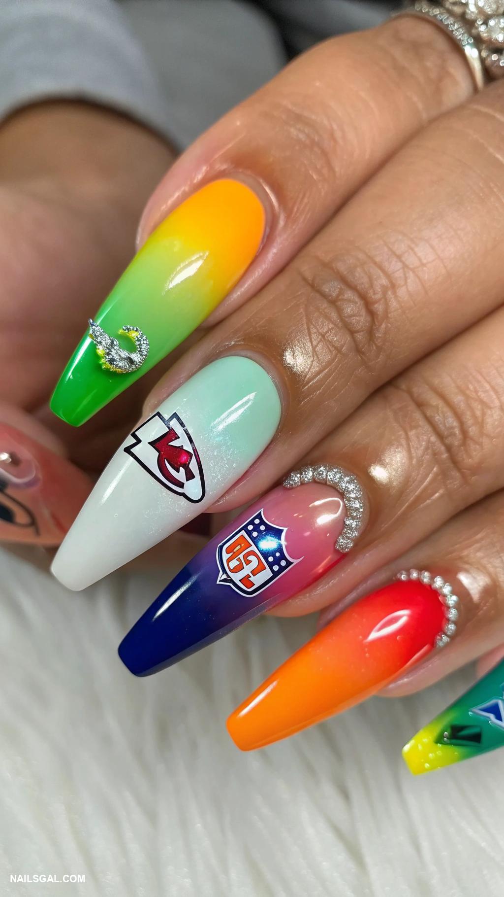 super bowl nails Rainbow ombre representing all teams