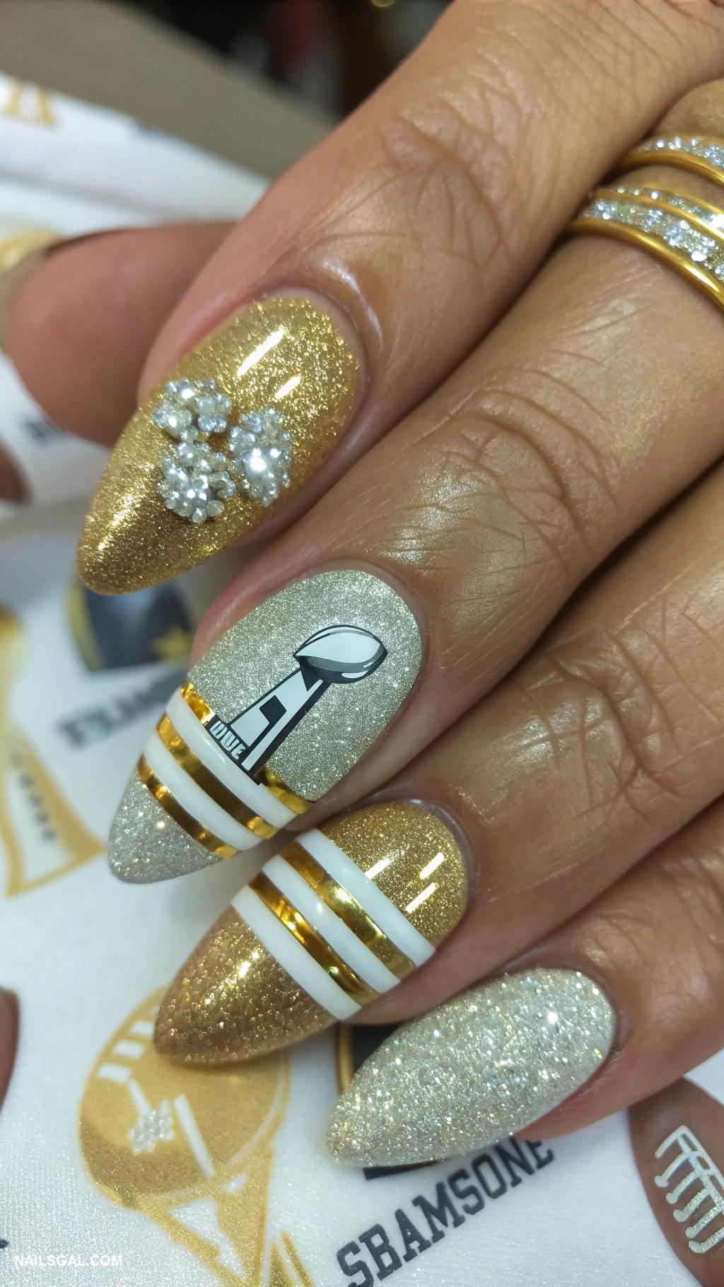 super bowl nails Sparkly gold and silver trophy themed nails