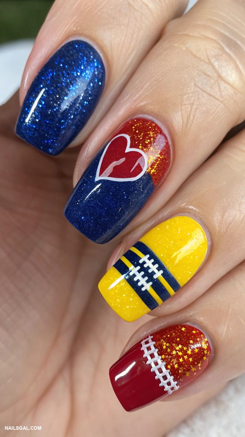 super bowl nails Team colors with glitter accents