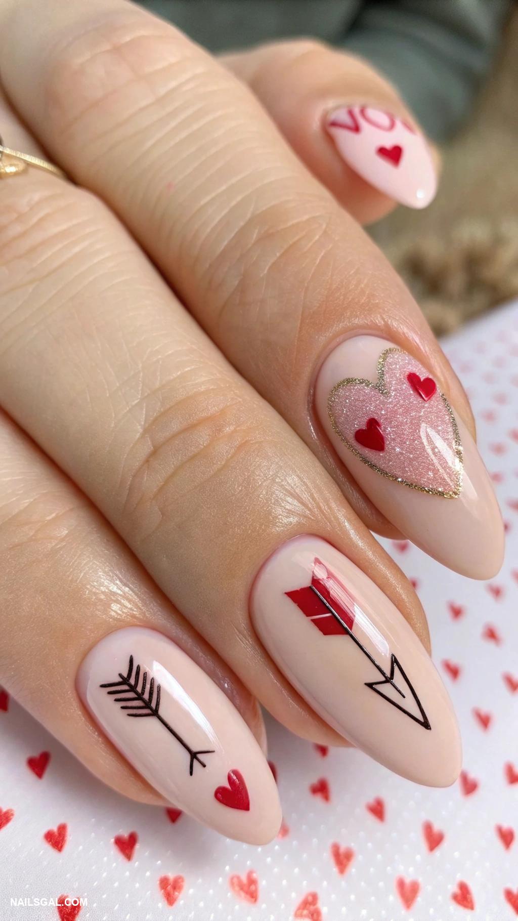 valentines day nails ideas Cupid arrows on nude base