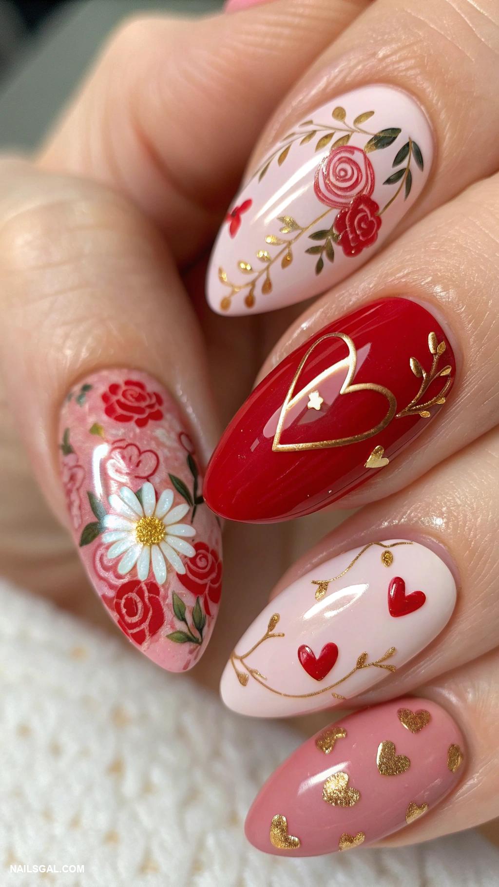 valentines day nails ideas Floral designs with red and pink hues