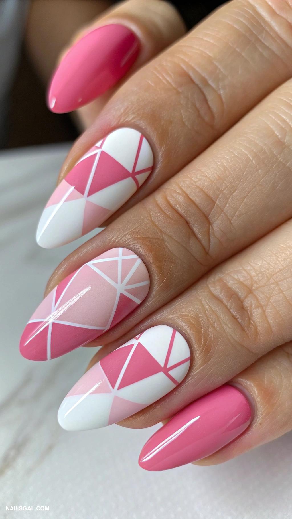 valentines day nails ideas Geometric shapes in pink and white