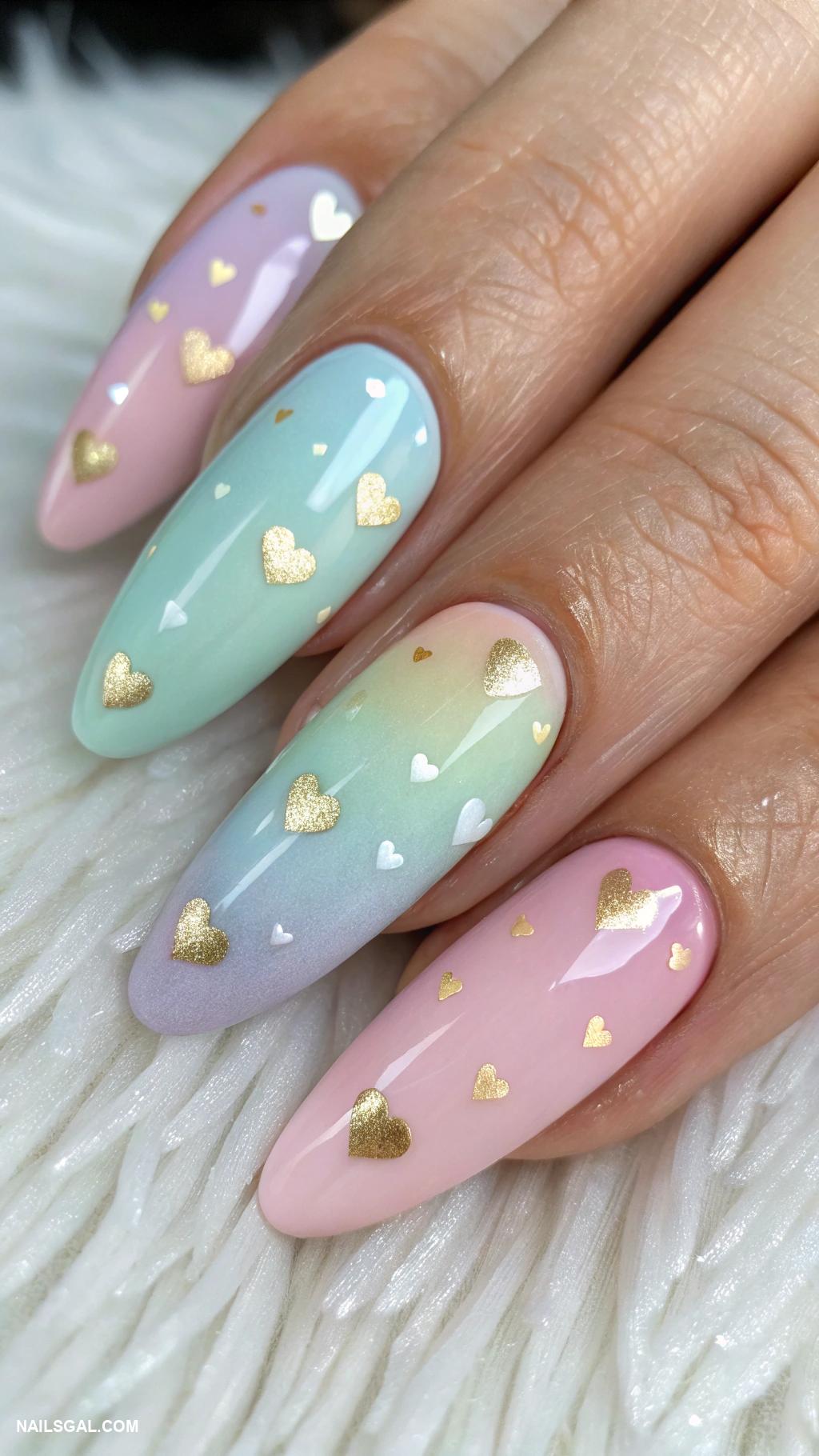 valentines day nails ideas Pastel rainbow with tiny hearts