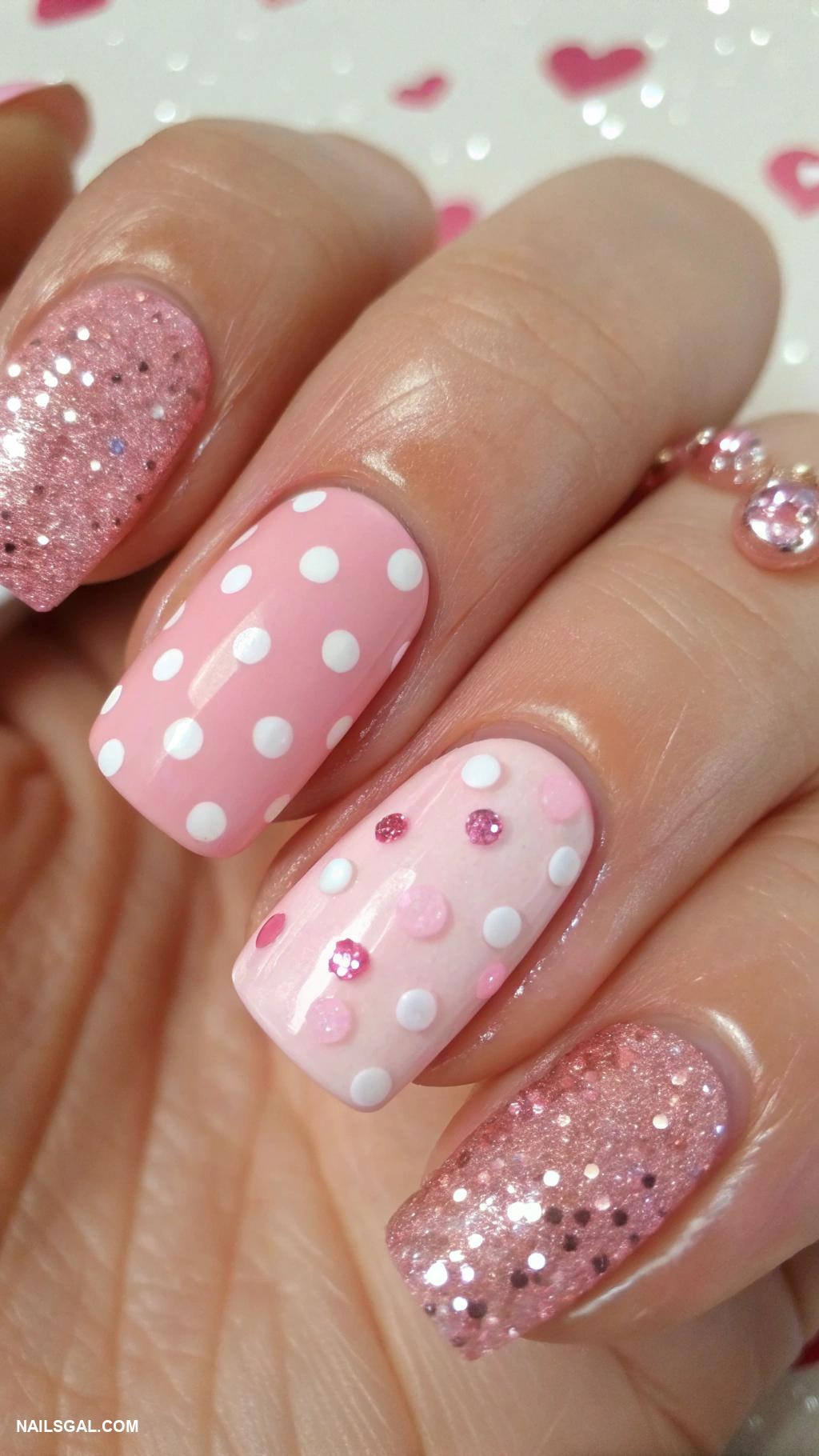 valentines day nails ideas Pink glitter with white polka dots