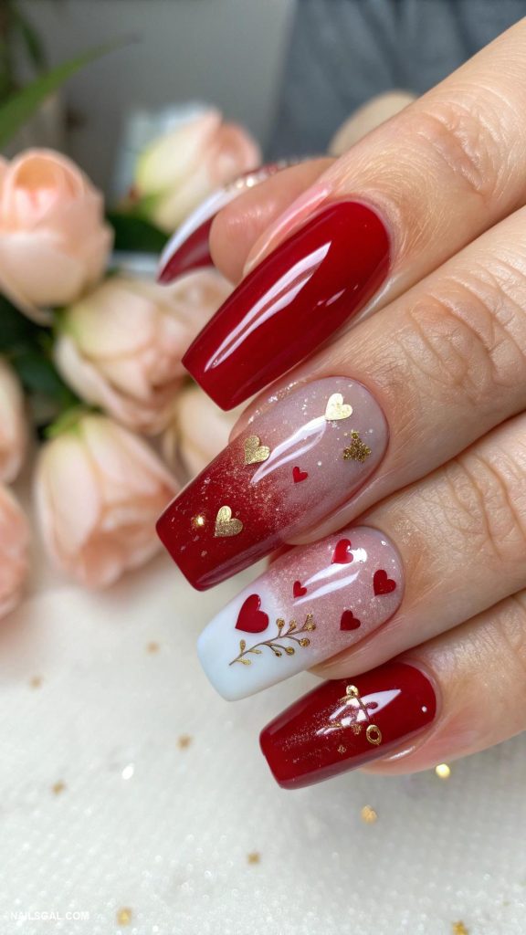 valentines day nails ideas Red ombre with heart accents