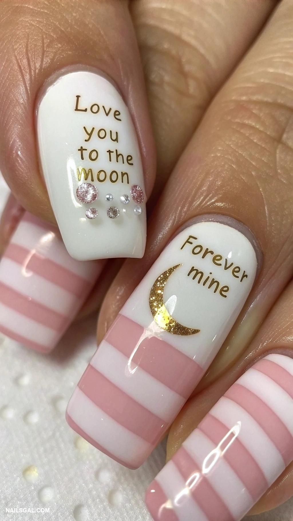 valentines day nails ideas Stripes with romantic quotes in gold
