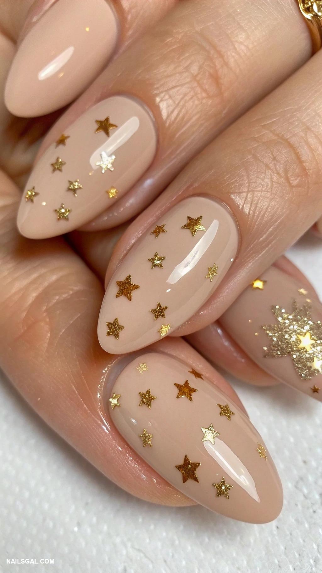 white christmas nails Elegant gold stars on nude nails