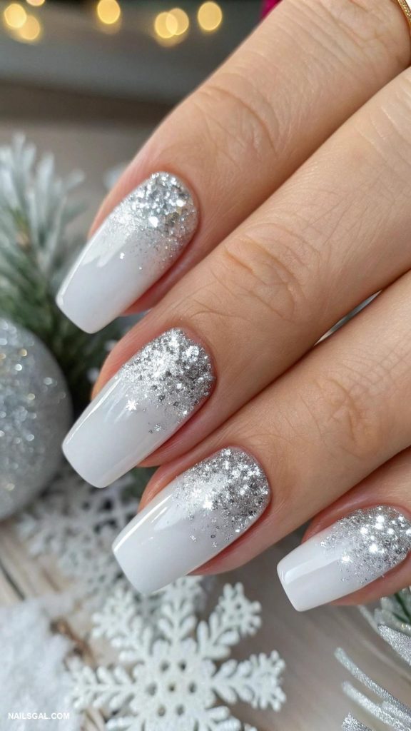 white christmas nails Glittery silver tips with white base