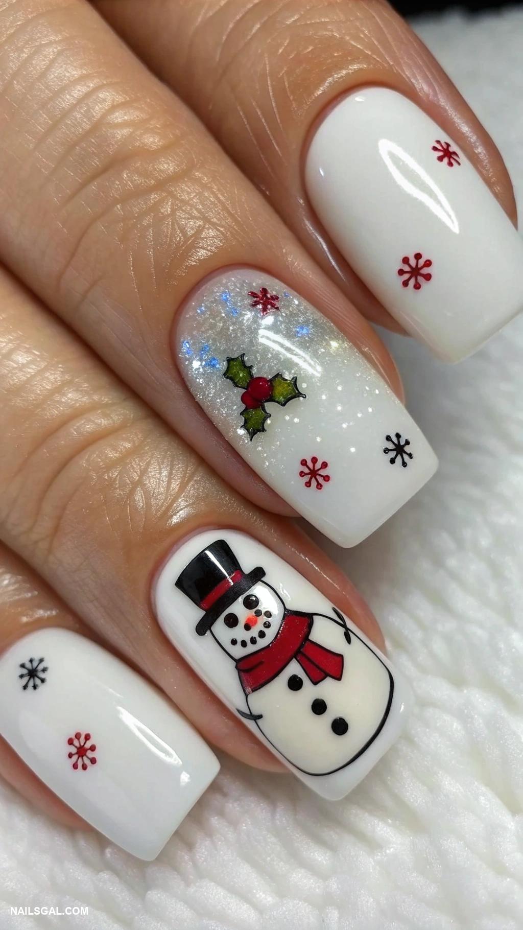 white christmas nails Matte white with glossy snowman design