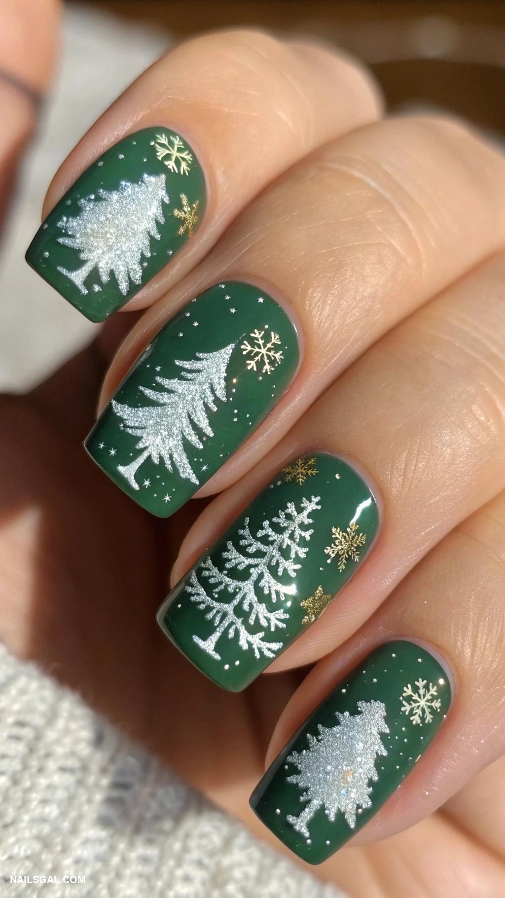 white christmas nails Mini Christmas trees on forest green base