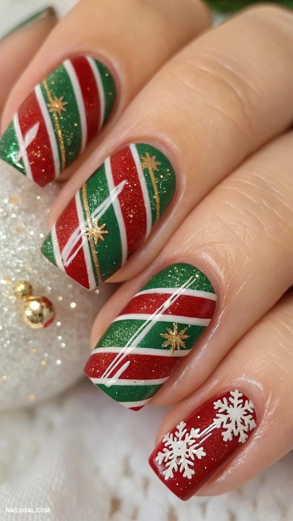 white christmas nails Red and green holiday stripes