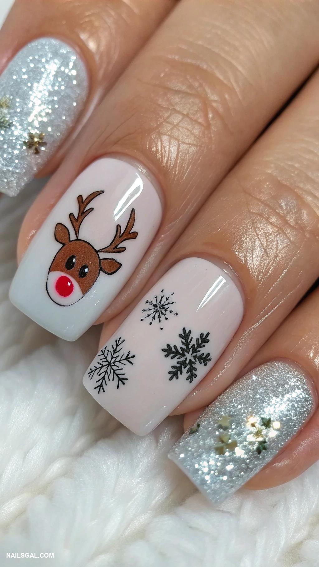 white christmas nails Rudolph nail art with red nose