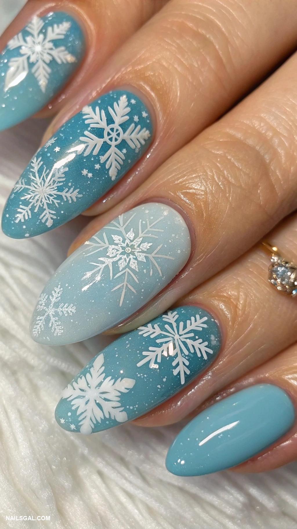white christmas nails Snowflake patterns on icy blue base