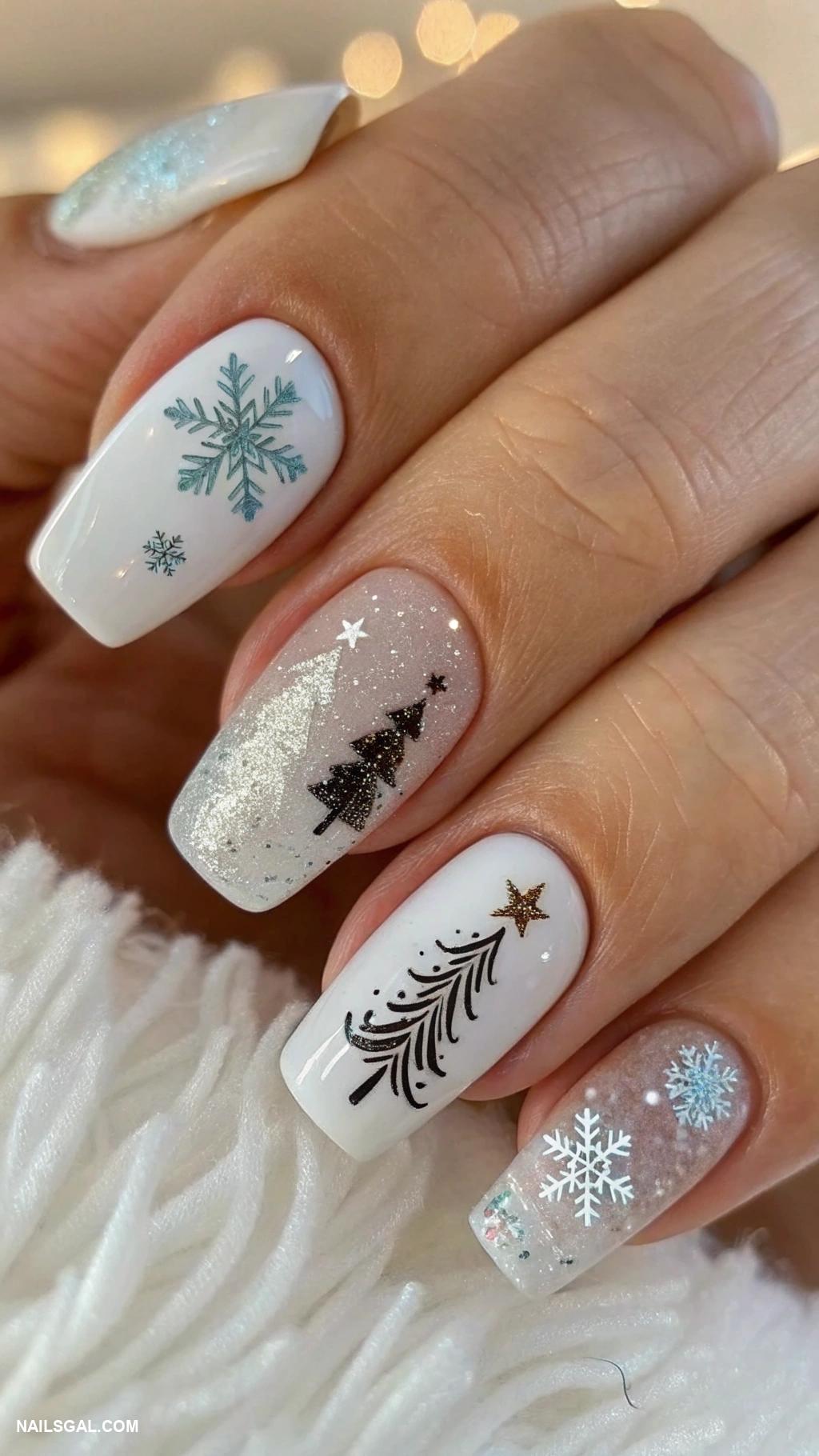 white christmas nails Winter wonderland scene on accent nails
