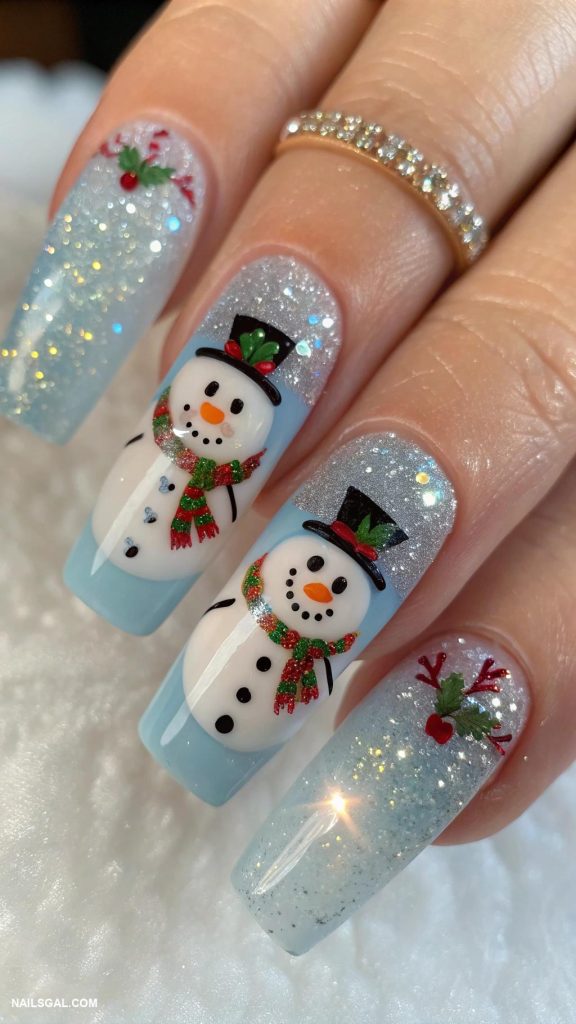 winter nails acrylic Crystal embellished snowmen designs