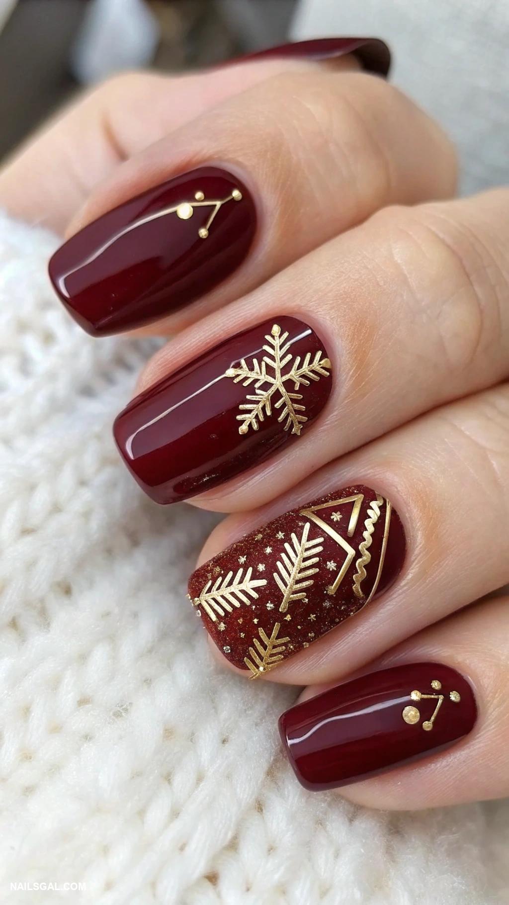 winter nails acrylic Deep burgundy with gold accents