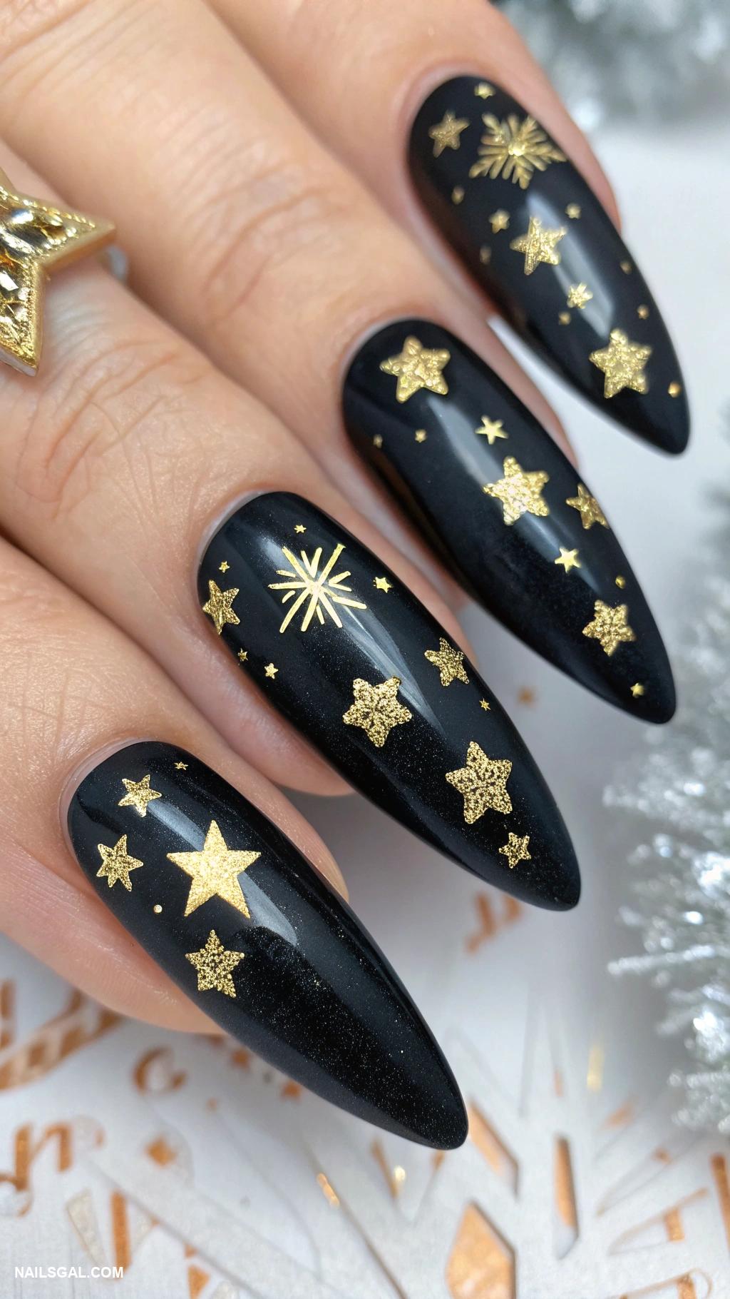 winter nails acrylic Matte black with gold stars