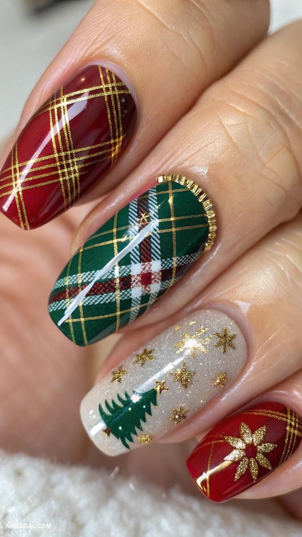 winter nails acrylic Plaid patterns in festive colors