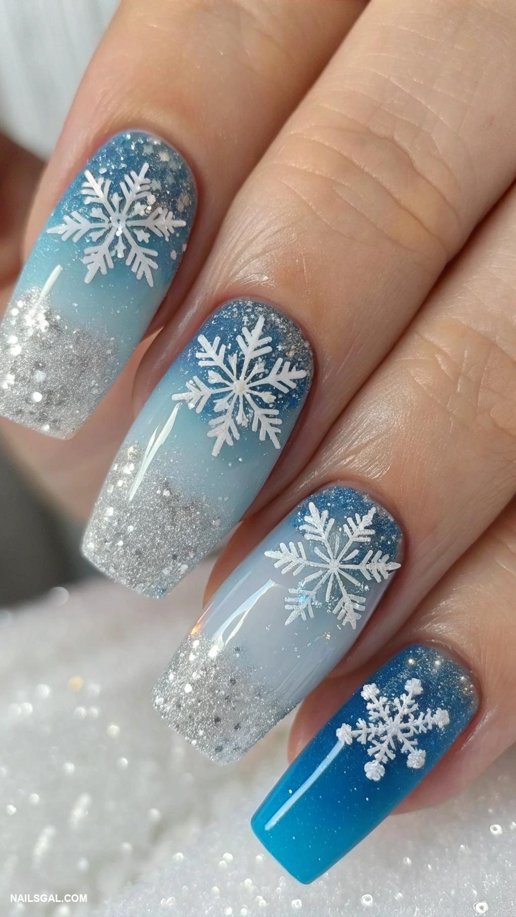 winter nails acrylic Snowflakes with glitters and blues