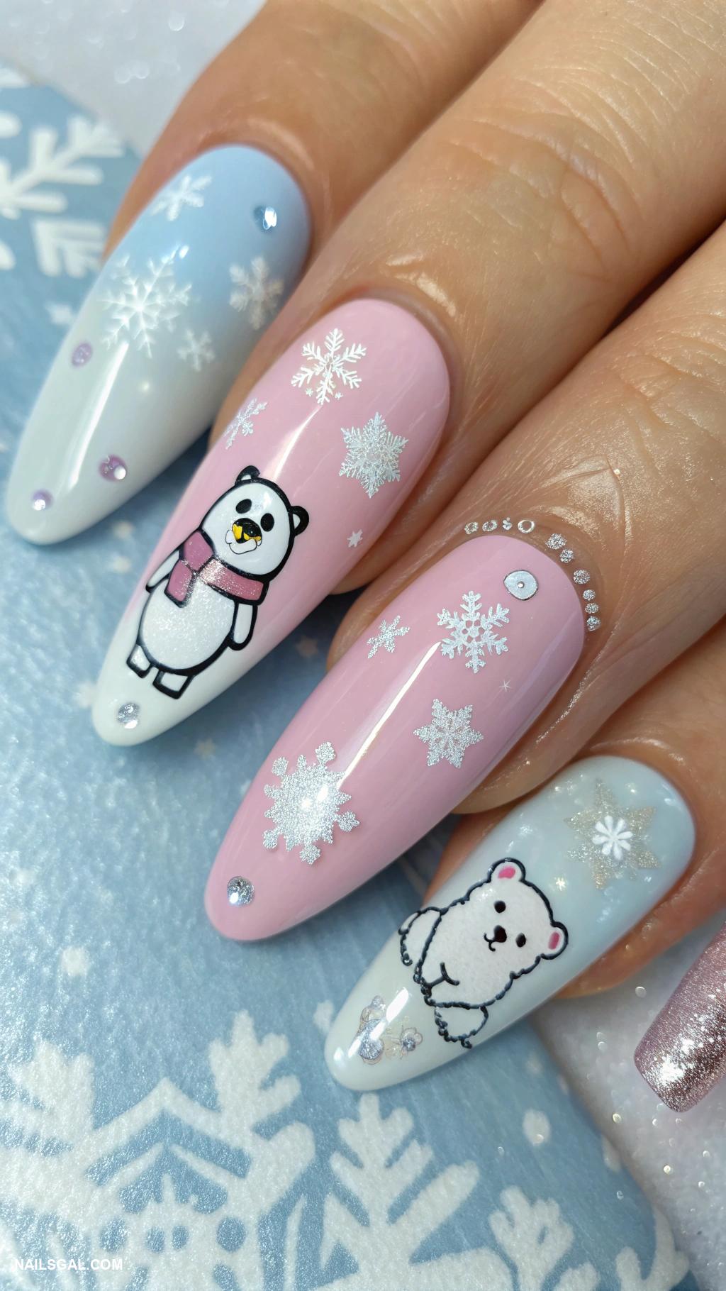 winter nails acrylic Soft pastels with winter animals