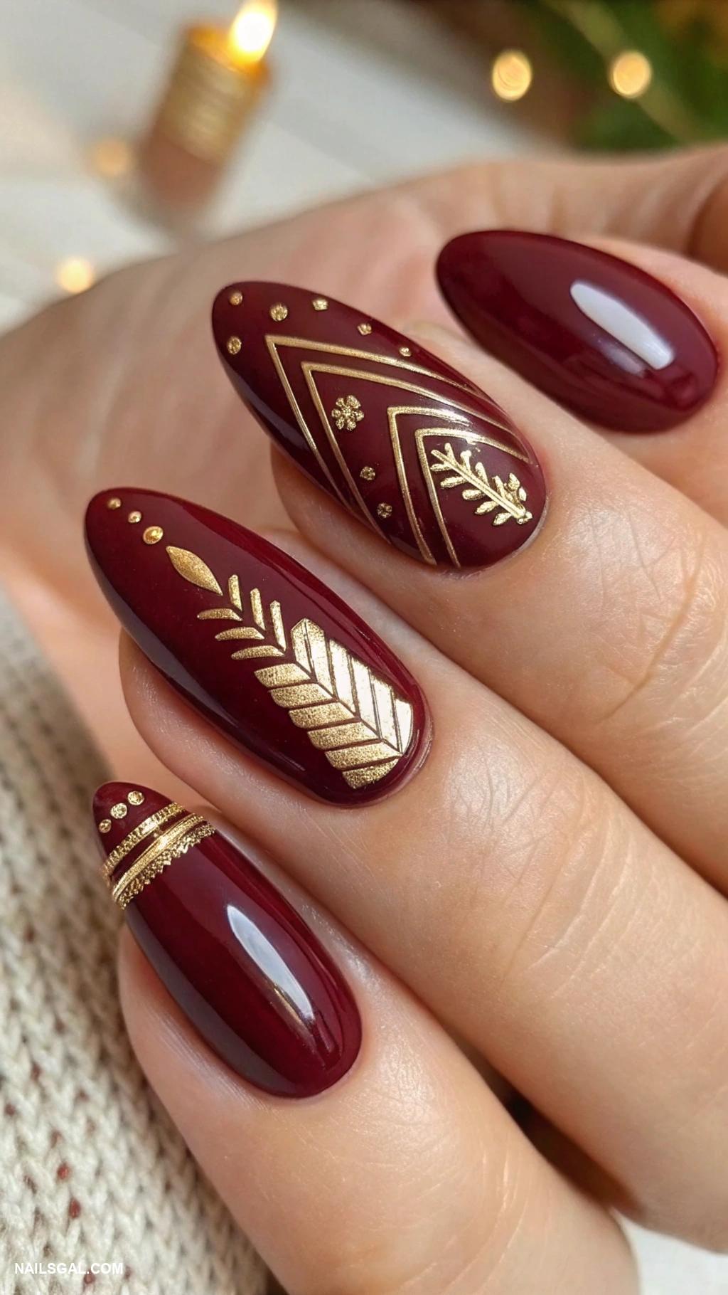 February nails Deep burgundy with gold accent nails