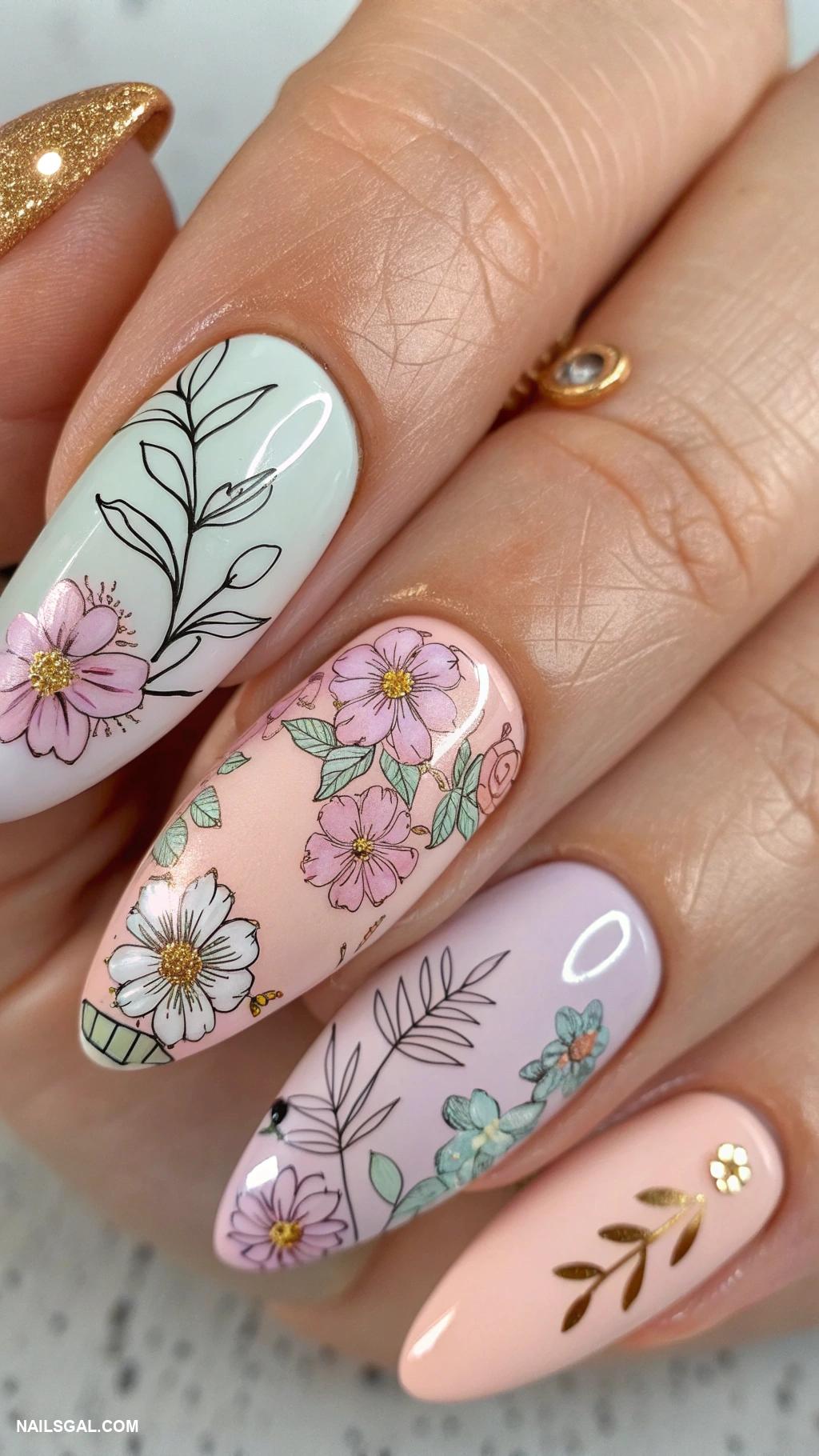 February nails Floral prints on a nude base