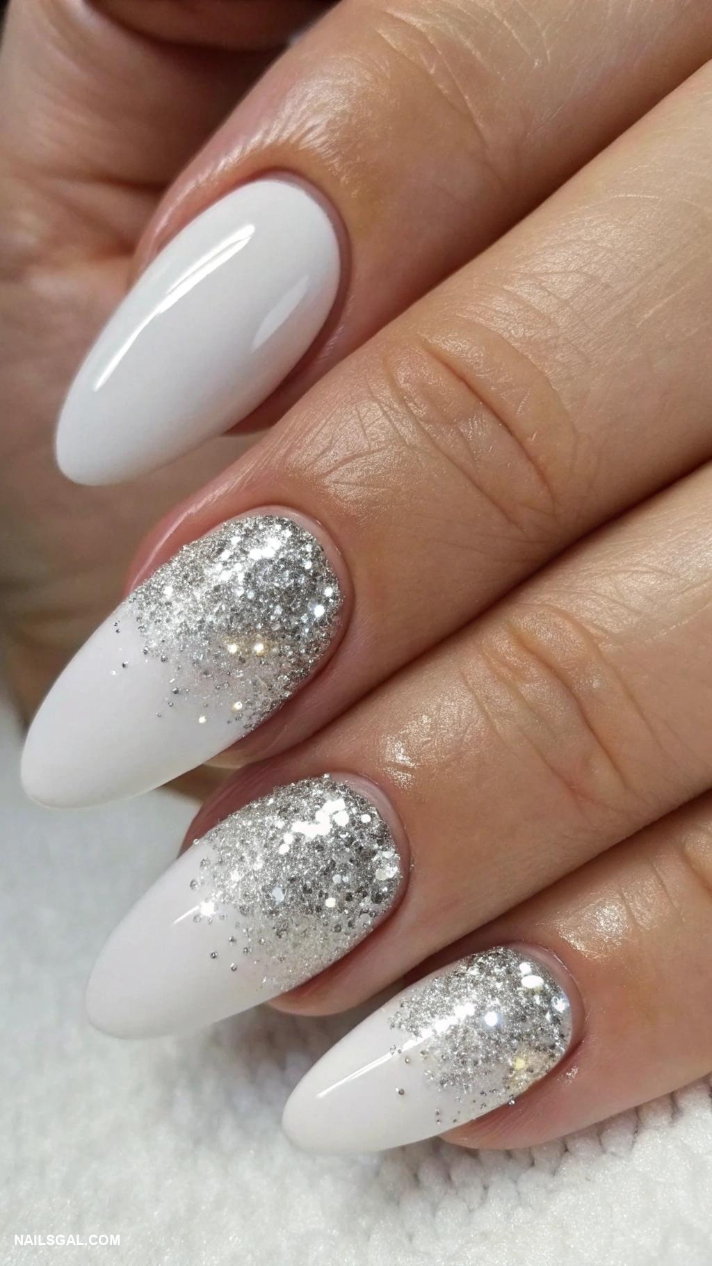 February nails Frosted white with silver glitter tips