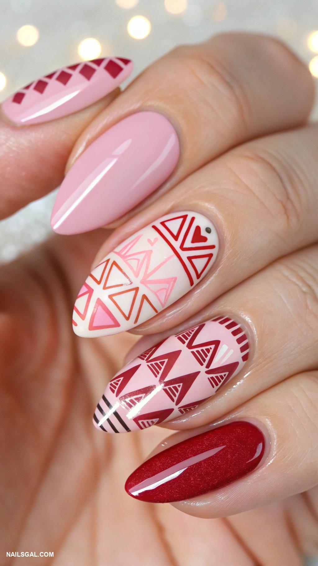 February nails Geometric patterns in Valentine colors