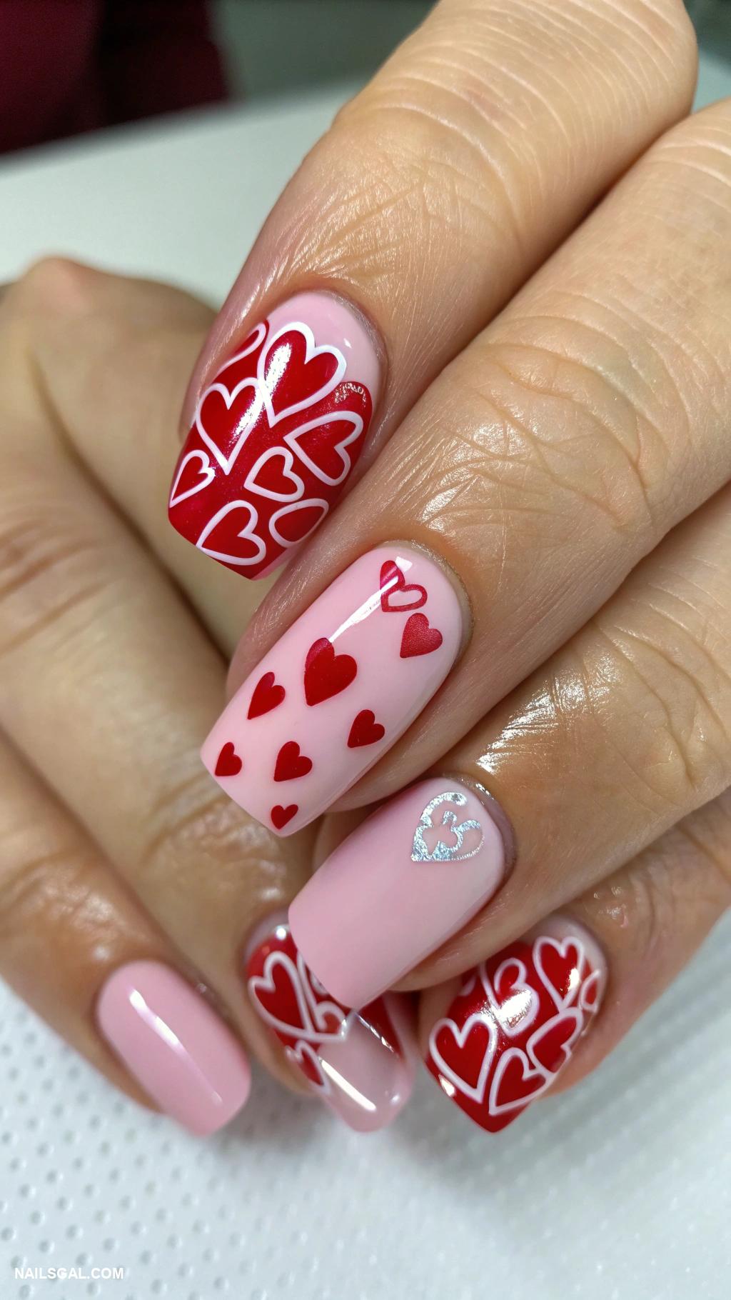 February nails Heart patterns in pink and red