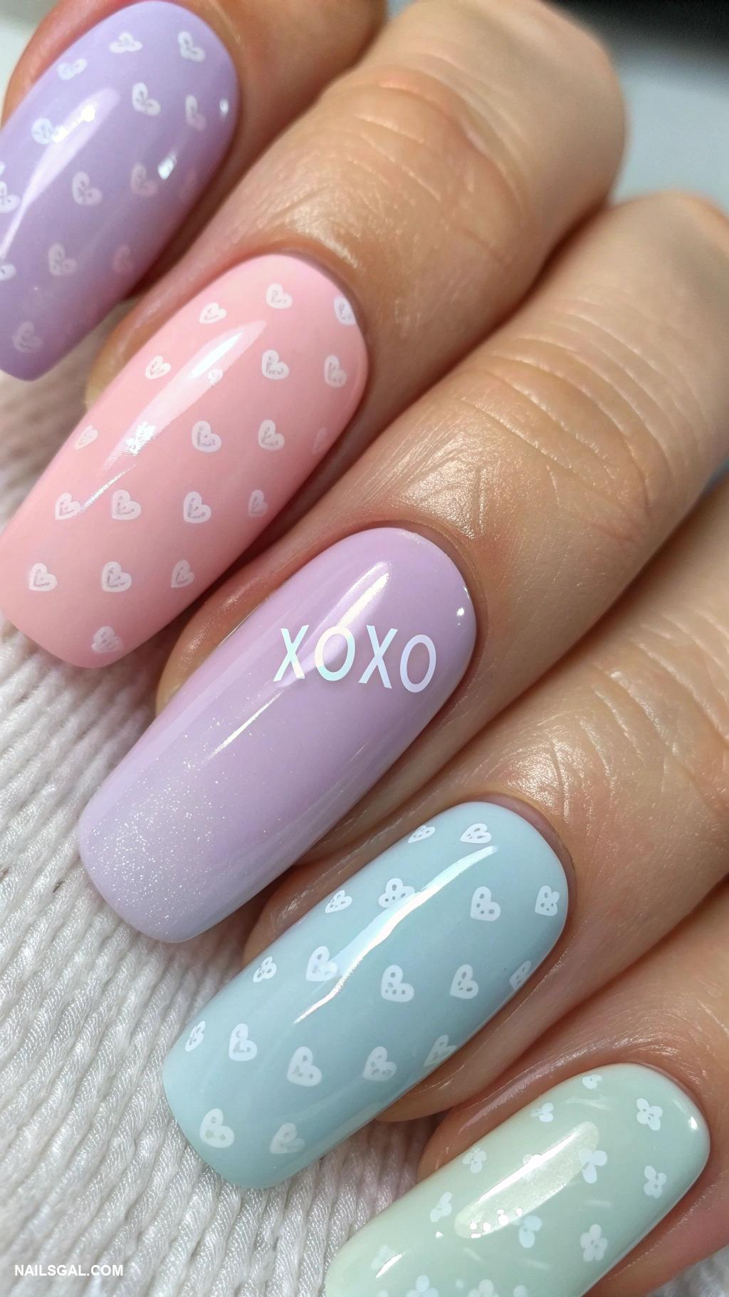 February nails Pastel colors with tiny XOXO designs