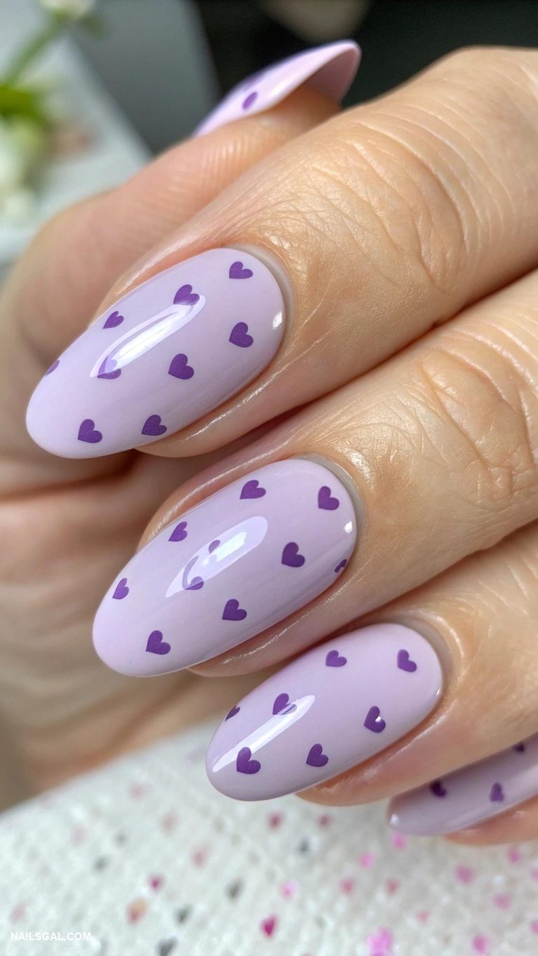 February nails Soft lavender with tiny hearts