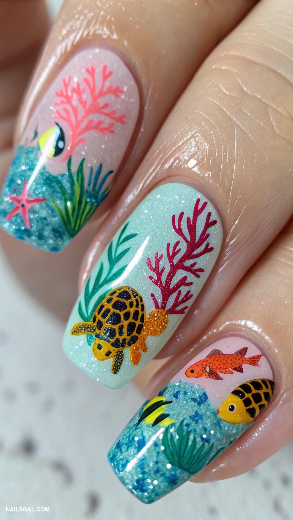 aqua nails Coral reef art with bright accent colors