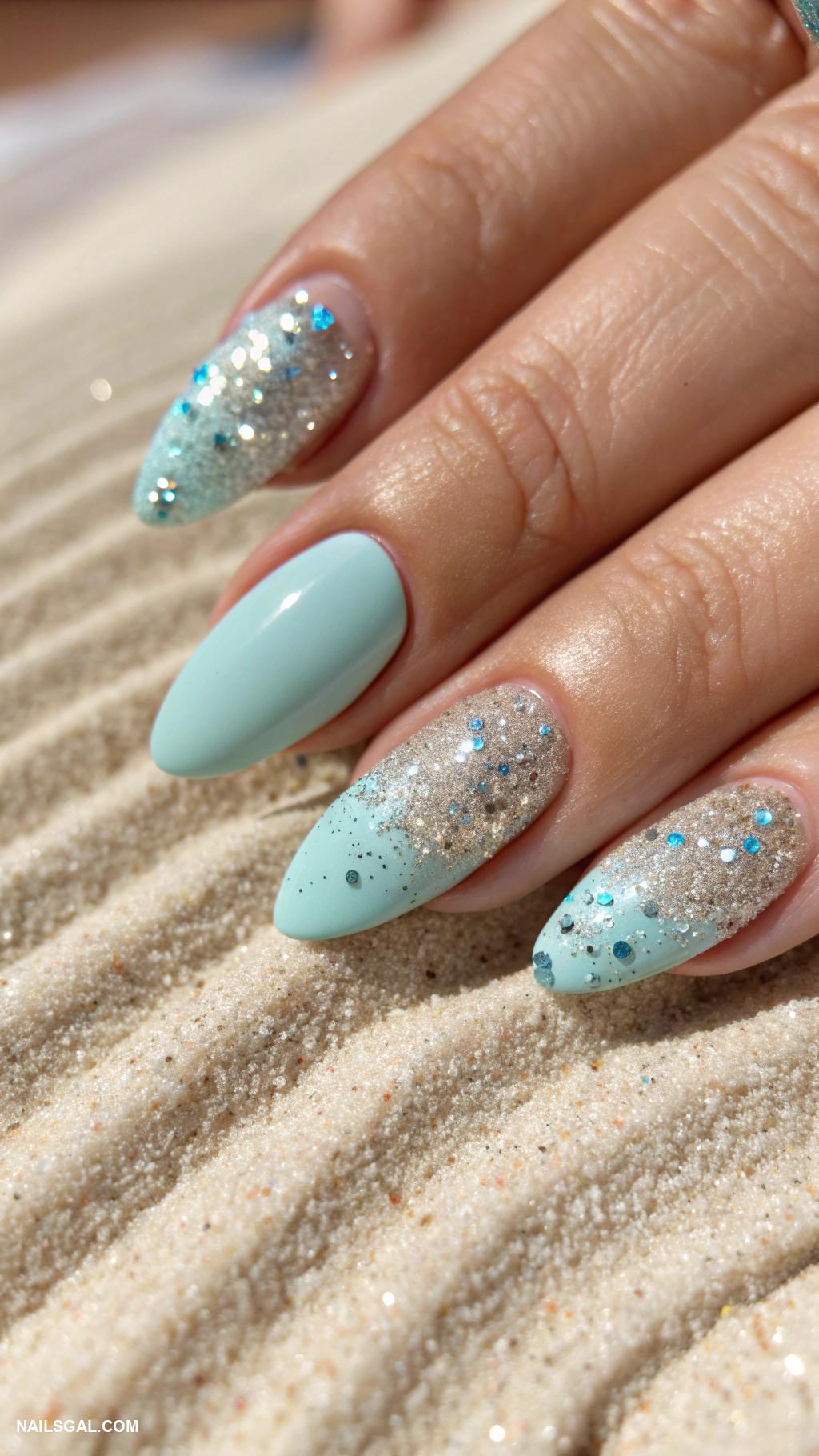 aqua nails Sand dune texture with aqua glitter