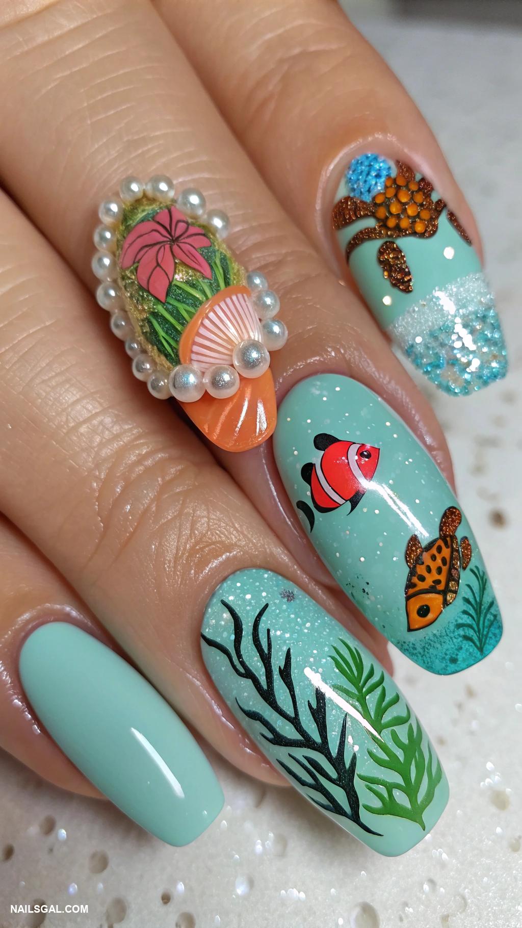aqua nails Underwater themed with fish and seaweed designs