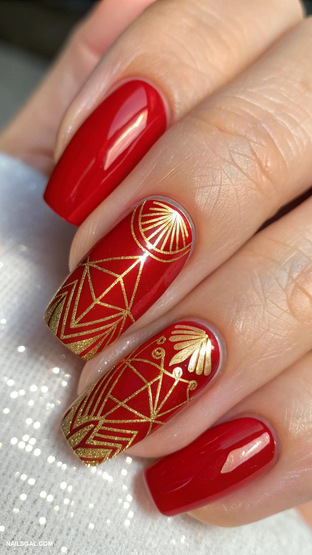 aura nails with gold Bold red aura with gold accents